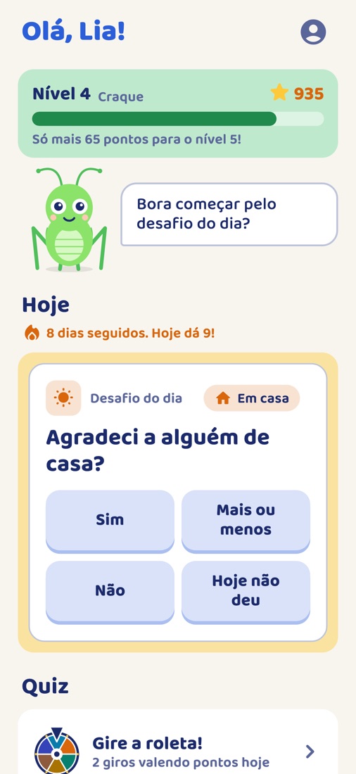Tela inicial do Bons Modos, com o nível, a sequência de dias e o desafio do dia